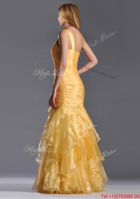 2016 Elegant Mermaid One Shoulder Organza Ruffled Prom Dress in Gold