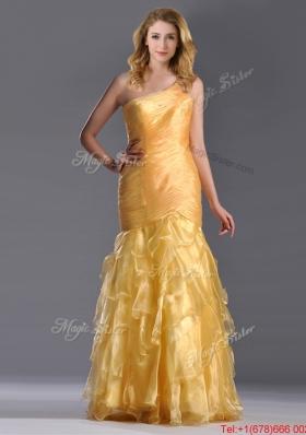 2016 Elegant Mermaid One Shoulder Organza Ruffled Prom Dress in Gold