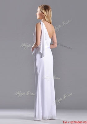 2016 Exclusive Column White Chiffon Backless Prom Dress with One Shoulder