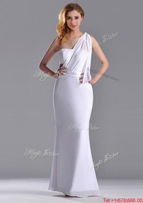 2016 Exclusive Column White Chiffon Backless Prom Dress with One Shoulder