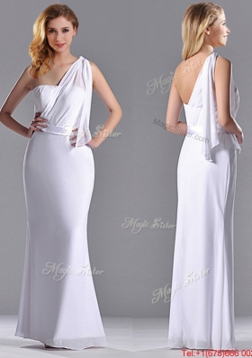 2016 Exclusive Column White Chiffon Backless Prom Dress with One Shoulder