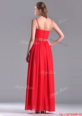 2016 Fashionable V Neck Ankle Length Prom Dress with Beaded Decorated Waist