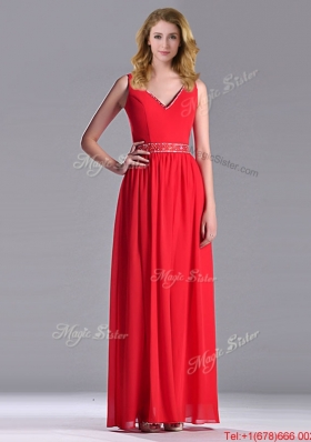 2016 Fashionable V Neck Ankle Length Prom Dress with Beaded Decorated Waist