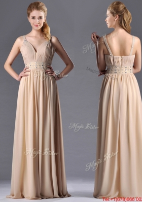 Champagne Empire Straps Beaded Chiffon Mother of Bride Dress for Graduation