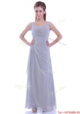 Cheap Column V Neck Ankle-length Ruching Mother of Bride Dress in Grey