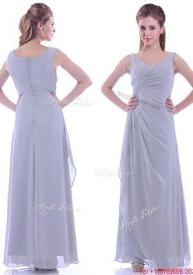 Cheap Column V Neck Ankle-length Ruching Mother of Bride Dress in Grey