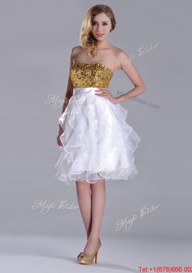 Classical Organza Sequined and Ruffled Prom Dress in White and Gold