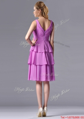 Classical V Neck Lilac Prom Dress with Handcrafted Flower and Ruching