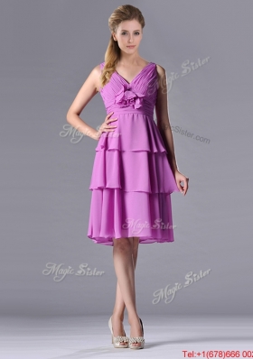 Classical V Neck Lilac Prom Dress with Handcrafted Flower and Ruching