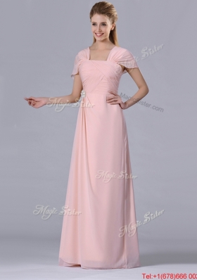 Column Square Chiffon Light Pink Chiffon Ruching Mother of Bride Dress for Homecoming