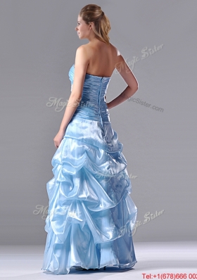 Column Sweetheart Long Light Blue Beaded Ruched Prom Dress in Organza