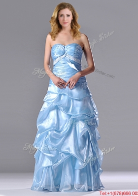 Column Sweetheart Long Light Blue Beaded Ruched Prom Dress in Organza