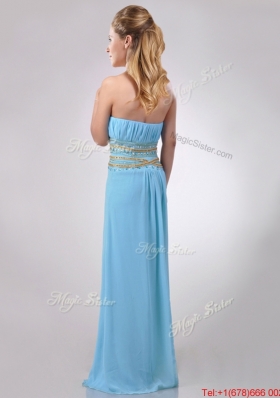 Discount Beaded Decorated Waist and Ruched Bodice Prom Dress in Aqua Blue