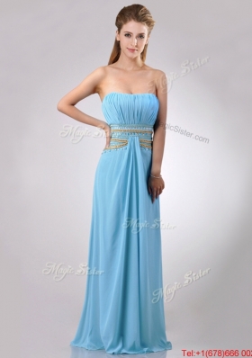 Discount Beaded Decorated Waist and Ruched Bodice Prom Dress in Aqua Blue