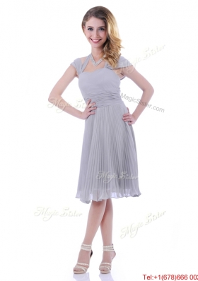 Elegant Cap Sleeves Tea Length Grey Mother of Bride Dress with Pleats