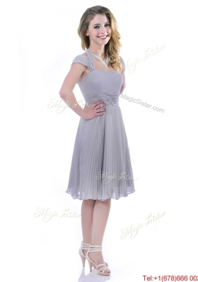 Elegant Cap Sleeves Tea Length Grey Mother of Bride Dress with Pleats