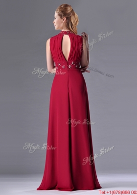 Empire High Neck Open Back Red Mother of Bride Dress with Beading and Hand Crafted