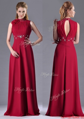 Empire High Neck Open Back Red Mother of Bride Dress with Beading and Hand Crafted