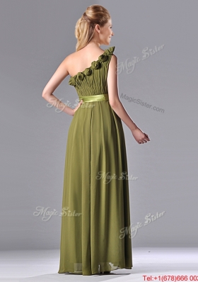 Empire One Shoulder Ruched and Belt Mother of Bride Dress in Olive Green