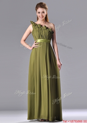 Empire One Shoulder Ruched and Belt Mother of Bride Dress in Olive Green