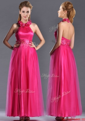 Exclusive Hot Pink Mother of Bride Dress with Handcrafted Flowers Decorated Halter Top