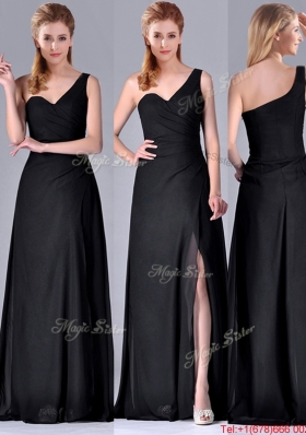 Gorgeous One Shoulder Black Mother of Bride Dress with Ruching and High Slit