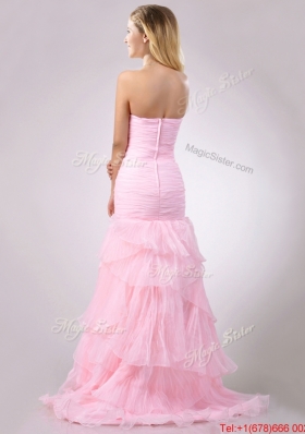 Lovely  Brush Train Organza Pink Prom Dress with Beading and Ruffles