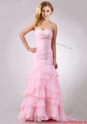 Lovely  Brush Train Organza Pink Prom Dress with Beading and Ruffles