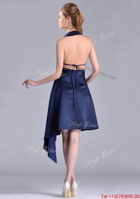 Lovely  Halter Top Asymmetrical Navy Blue Prom Dress in Satin