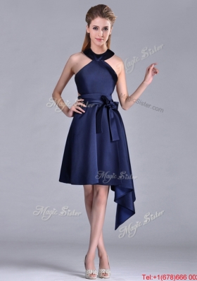 Lovely  Halter Top Asymmetrical Navy Blue Prom Dress in Satin