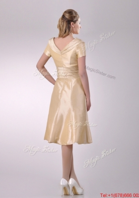 Lovely V Neck Champagne Tea Length Prom Dress with Short Sleeves