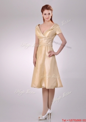 Lovely V Neck Champagne Tea Length Prom Dress with Short Sleeves