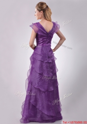 Low Price V Neck Eggplant Purple Mother of Bride Dress with Beading and Ruffles