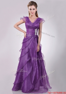 Low Price V Neck Eggplant Purple Mother of Bride Dress with Beading and Ruffles