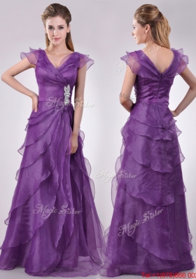 Low Price V Neck Eggplant Purple Mother of Bride Dress with Beading and Ruffles