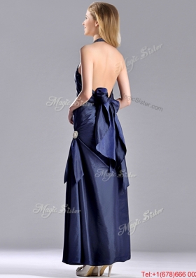 Luxurious Beaded Decorated Halter Top Prom Dress in Navy Blue