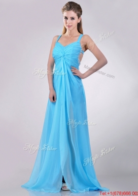 Luxurious Straps Criss Cross Beaded Long Prom Dress in Baby Blue