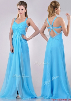 Luxurious Straps Criss Cross Beaded Long Prom Dress in Baby Blue