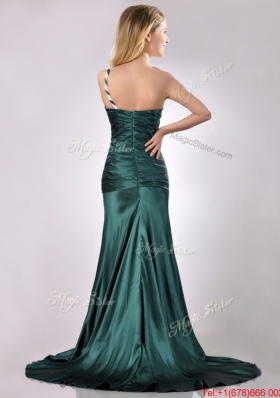 Modest One Shoulder Dark Green Prom Dress in Elastic Woven Satin