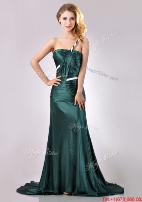 Modest One Shoulder Dark Green Prom Dress in Elastic Woven Satin