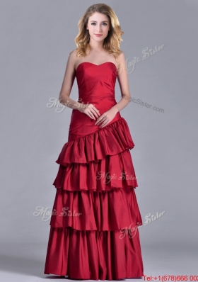 Modest Taffeta A Line Wine Red Prom Dress with Ruffled Layers