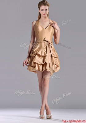 Most Popular Halter Top Champagne Prom Dress with Bubbles and Bowknot