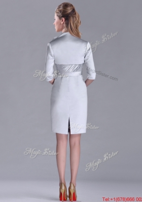 Popular Column Belted with Beading Silver Mother of Bride Dress with V Neck