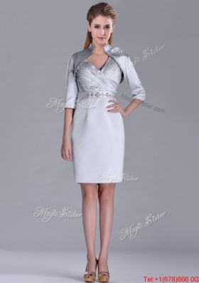 Popular Column Belted with Beading Silver Mother of Bride Dress with V Neck