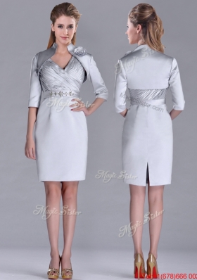 Popular Column Belted with Beading Silver Mother of Bride Dress with V Neck
