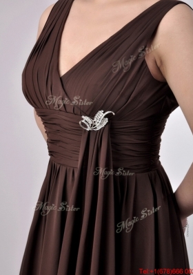 Simple Empire V Neck Chiffon Long Mother of Bride Dress in Brown