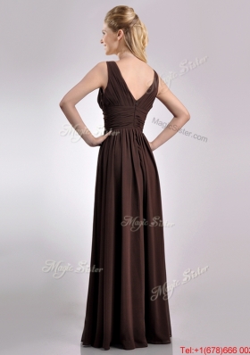 Simple Empire V Neck Chiffon Long Mother of Bride Dress in Brown