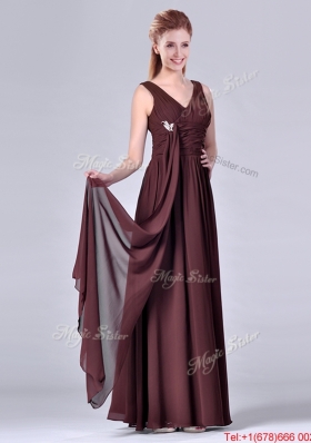 Simple Empire V Neck Chiffon Long Mother of Bride Dress in Brown