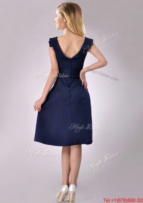 Beautiful V Neck Navy Blue Empire Prom Dress with Cap Sleeves