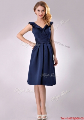 Beautiful V Neck Navy Blue Empire Prom Dress with Cap Sleeves